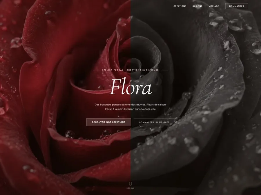 Flora — page d’accueil de la démo, rose mi-couleur mi-noir et blanc